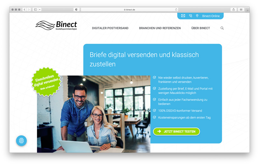 Website mit Anbindung an das Online-Tool des Digitalisierungs-Dienstleisters Binect